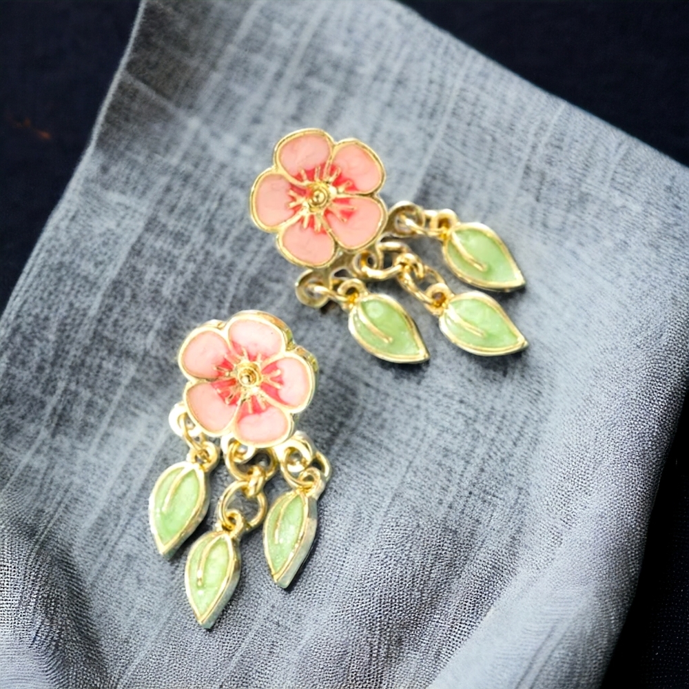 Pink Cherry Blossom Earrings With Hanging Green Leaves Front Back Style
